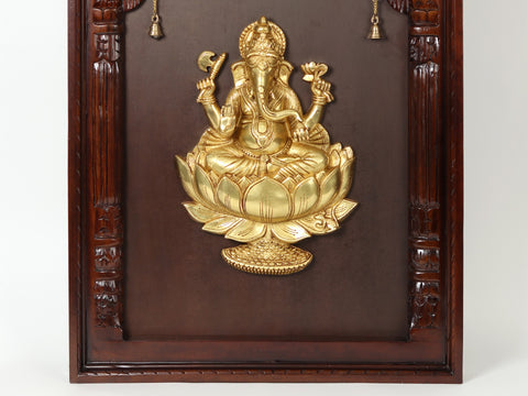 47" Lord Ganesha Seated On Lotus in Brass | Wooden Wall Hanging Frame