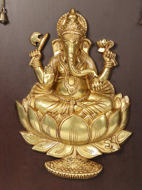 47" Lord Ganesha Seated On Lotus in Brass | Wooden Wall Hanging Frame