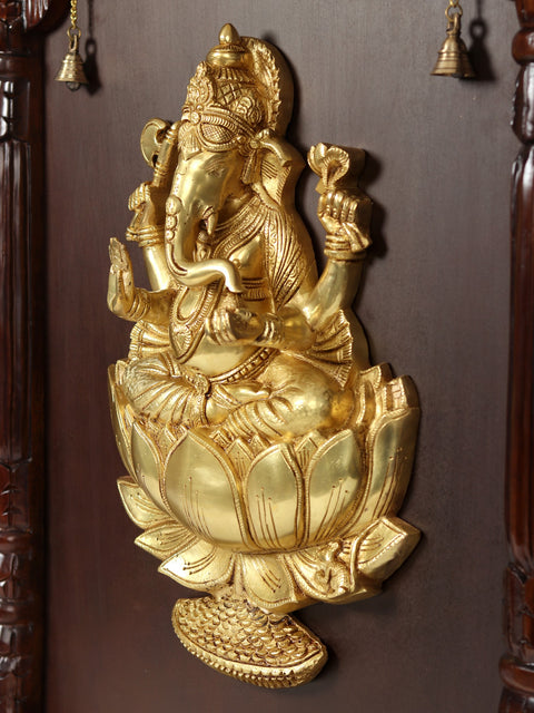47" Lord Ganesha Seated On Lotus in Brass | Wooden Wall Hanging Frame