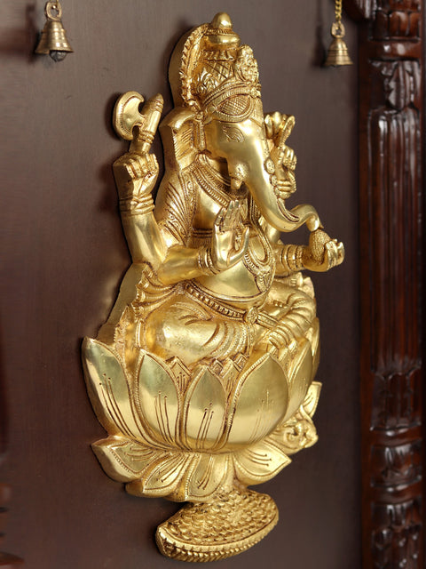47" Lord Ganesha Seated On Lotus in Brass | Wooden Wall Hanging Frame