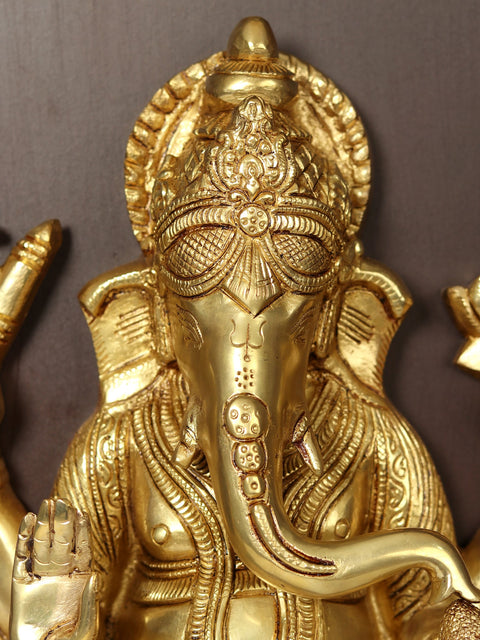47" Lord Ganesha Seated On Lotus in Brass | Wooden Wall Hanging Frame