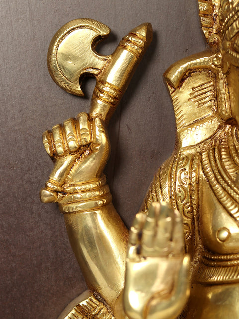 47" Lord Ganesha Seated On Lotus in Brass | Wooden Wall Hanging Frame