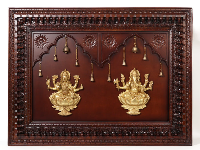 48" Brass Ganesha and Lakshmi Wooden Wall Hanging Frame