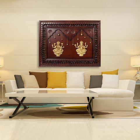 48" Ganesha and Lakshmi in Brass | Wooden Wall Hanging Frame