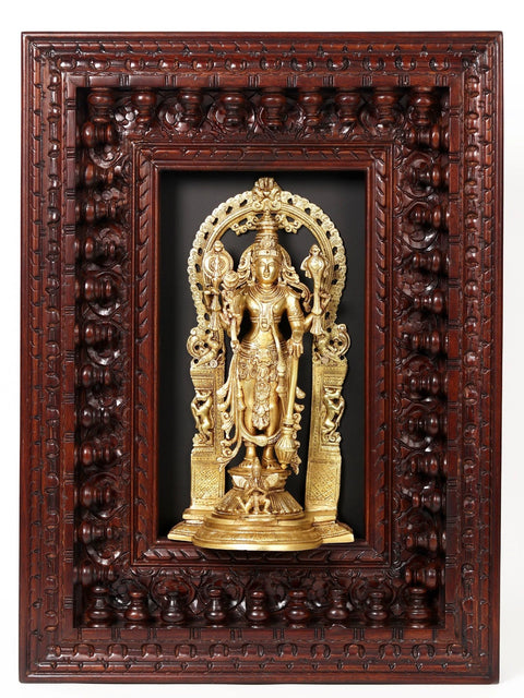 27" Four Armed Standing Vishnu In Brass | Wooden Wall Hanging Frame