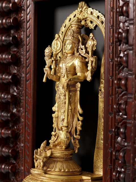 27" Four Armed Standing Vishnu In Brass | Wooden Wall Hanging Frame