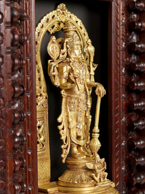 27" Four Armed Standing Vishnu In Brass | Wooden Wall Hanging Frame