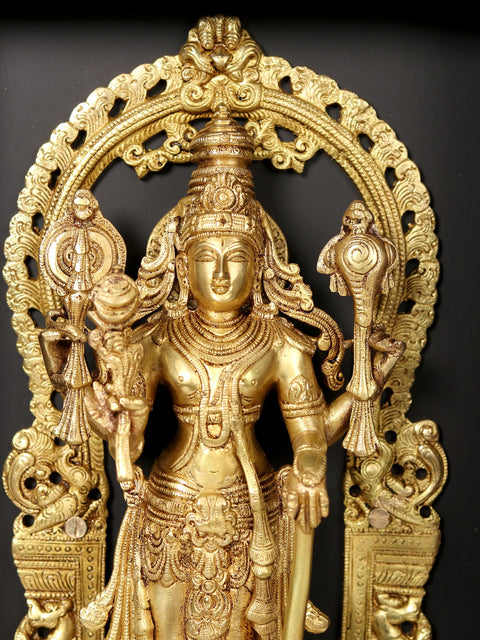 27" Four Armed Standing Vishnu In Brass | Wooden Wall Hanging Frame