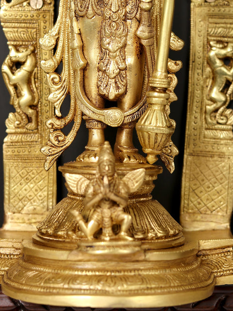 27" Four Armed Standing Vishnu In Brass | Wooden Wall Hanging Frame