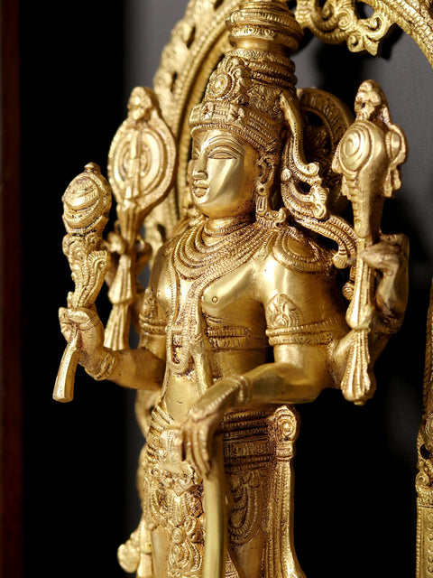 27" Four Armed Standing Vishnu In Brass | Wooden Wall Hanging Frame