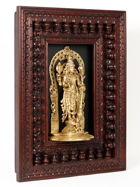 27" Four Armed Standing Vishnu In Brass | Wooden Wall Hanging Frame