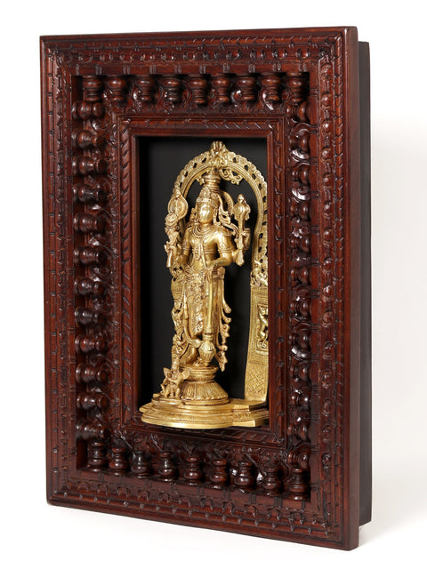 27" Four Armed Standing Vishnu In Brass | Wooden Wall Hanging Frame