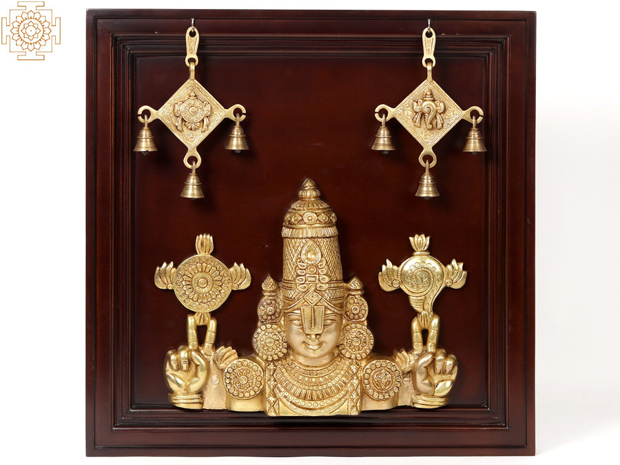 23" Tirupati Balaji Venkateshvara Brass Bust with Wooden Wall Hanging