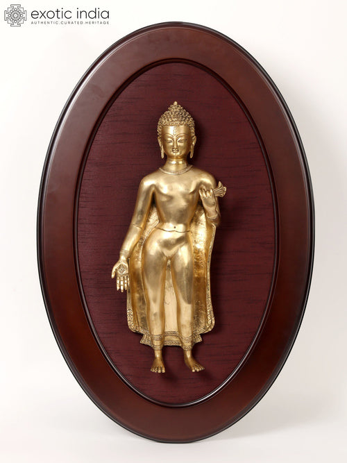 31" Standing Gautam Buddha Brass Statue with Wooden Wall Hanging Frame