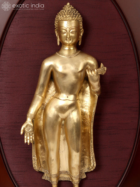 31" Standing Gautam Buddha in Brass | Wooden Wall Hanging Frame