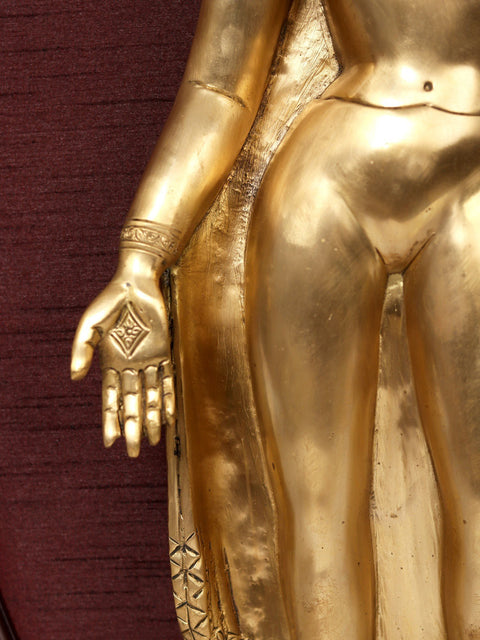 31" Standing Gautam Buddha in Brass | Wooden Wall Hanging Frame