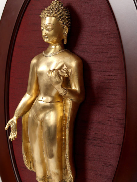 31" Standing Gautam Buddha in Brass | Wooden Wall Hanging Frame