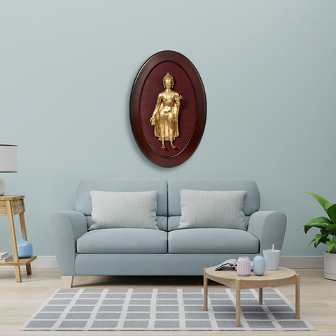 31" Standing Gautam Buddha in Brass | Wooden Wall Hanging Frame