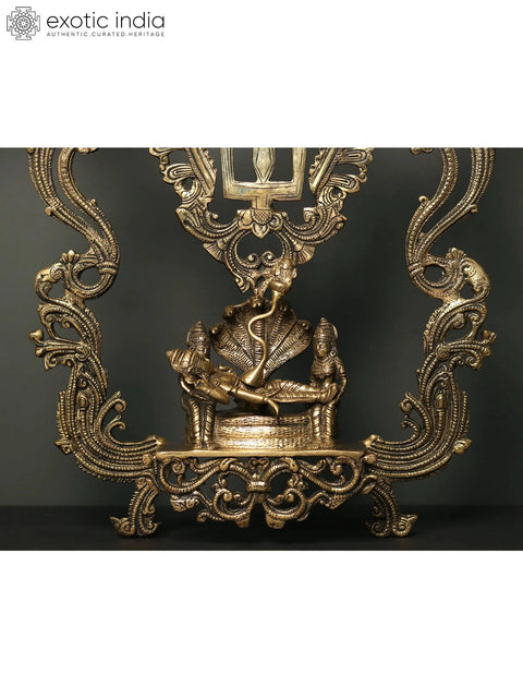 19" Lord Vishnu Seated on Sheshnaag with Devotee Brass Wall Hanging