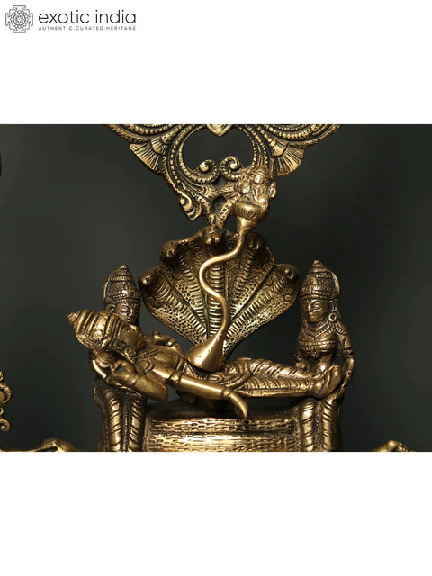 19" Lord Vishnu Seated on Sheshnaag with Devotee Brass Wall Hanging