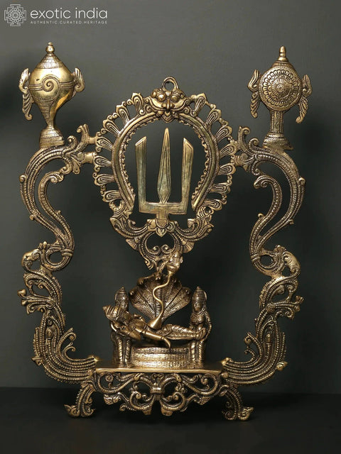 19" Lord Vishnu Seated on Sheshnaag with Devotee Brass Wall Hanging