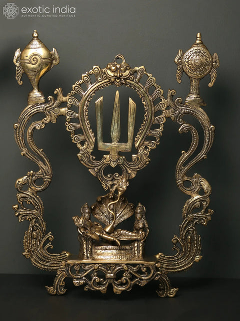 19" Lord Vishnu Seated on Sheshnaag with Devotee Brass Wall Hanging