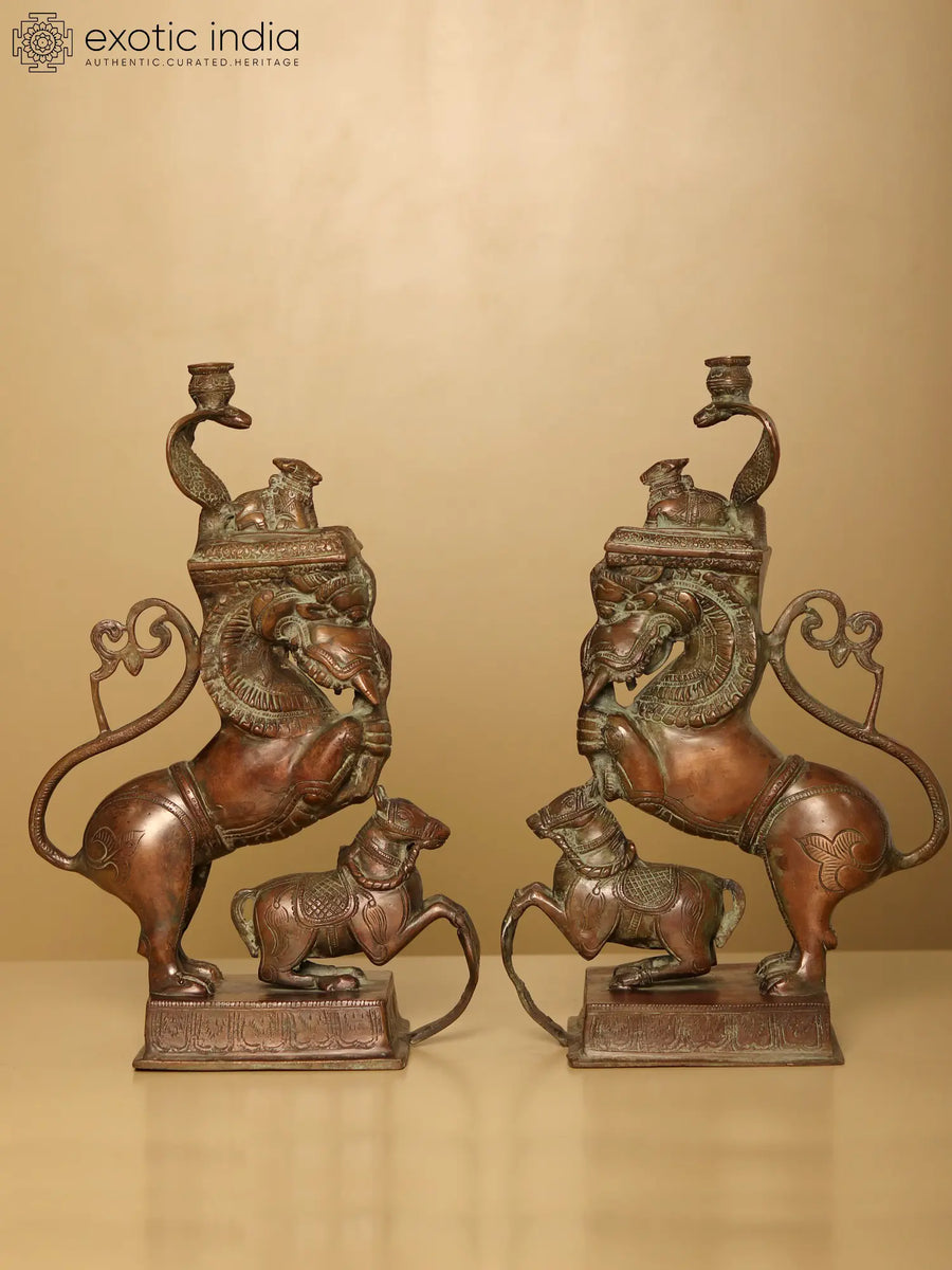 15" Brass Nandi on Yali Stand Pair Statue for Pooja