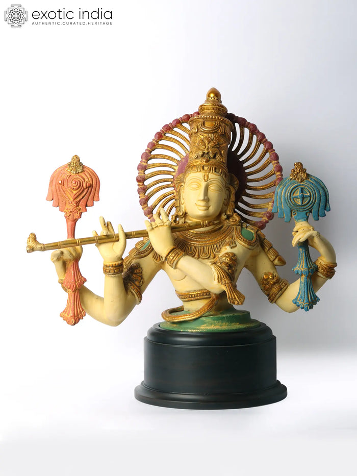 18" Brass Chaturbhuja Venugopal Krishna Bust Statue with Wooden Base