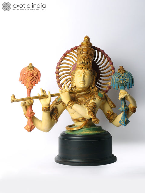 18" Brass Chaturbhuja Venugopal (Krishna) Bust on Wooden Base