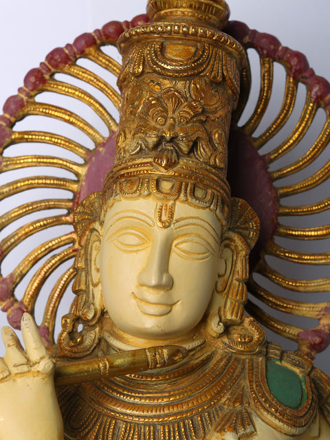 18" Brass Chaturbhuja Venugopal (Krishna) Bust on Wooden Base