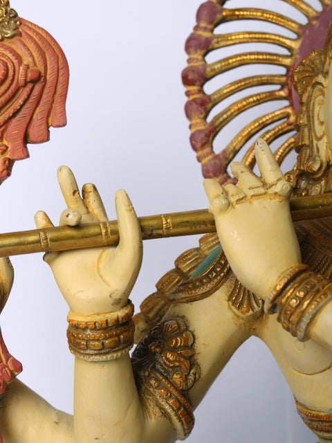 18" Brass Chaturbhuja Venugopal (Krishna) Bust on Wooden Base