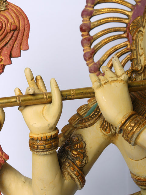 18" Brass Chaturbhuja Venugopal (Krishna) Bust on Wooden Base