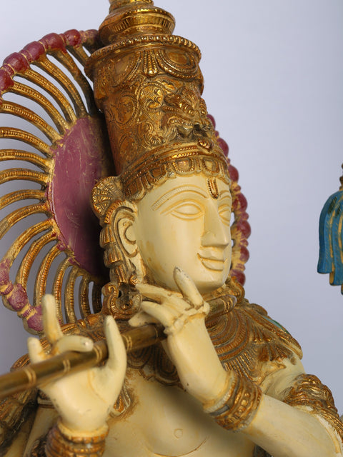 18" Brass Chaturbhuja Venugopal (Krishna) Bust on Wooden Base
