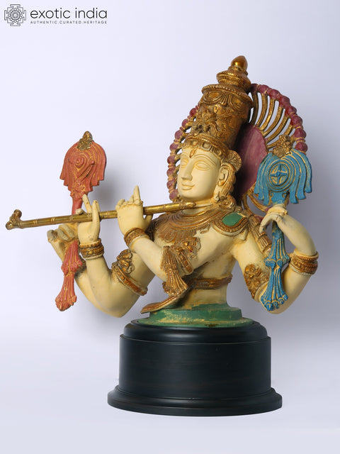 18" Brass Chaturbhuja Venugopal (Krishna) Bust on Wooden Base
