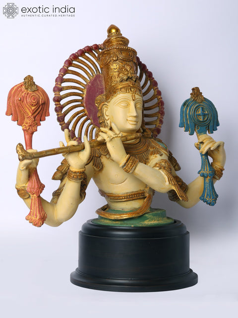 18" Brass Chaturbhuja Venugopal (Krishna) Bust on Wooden Base