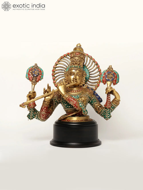 18" Chaturbhuja Venugopal Krishna Brass Bust with Wooden Base