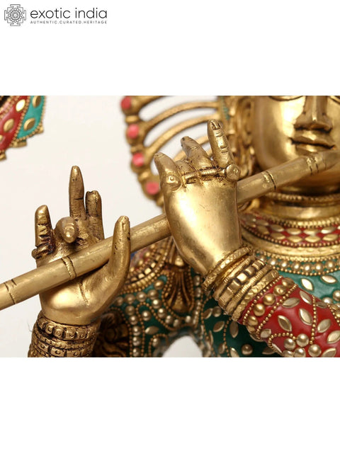 18" Chaturbhuja Venugopal (Krishna) Bust on Wooden Base | Brass with Inlay Work