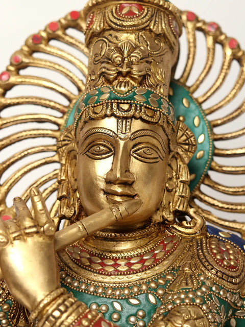 18" Chaturbhuja Venugopal (Krishna) Bust on Wooden Base | Brass with Inlay Work