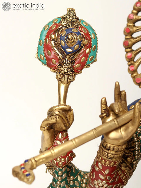 18" Chaturbhuja Venugopal (Krishna) Bust on Wooden Base | Brass with Inlay Work