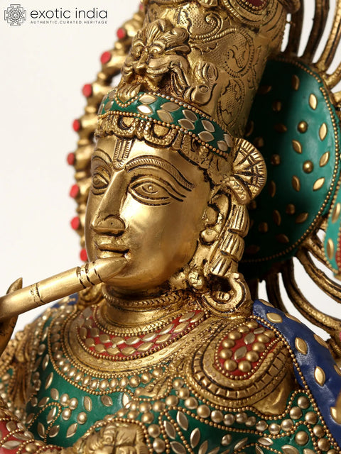 18" Chaturbhuja Venugopal (Krishna) Bust on Wooden Base | Brass with Inlay Work