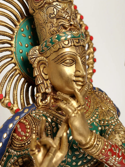 18" Chaturbhuja Venugopal (Krishna) Bust on Wooden Base | Brass with Inlay Work