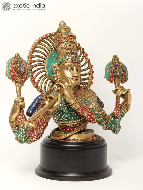 18" Chaturbhuja Venugopal (Krishna) Bust on Wooden Base | Brass with Inlay Work