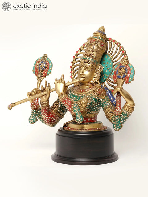 18" Chaturbhuja Venugopal (Krishna) Bust on Wooden Base | Brass with Inlay Work