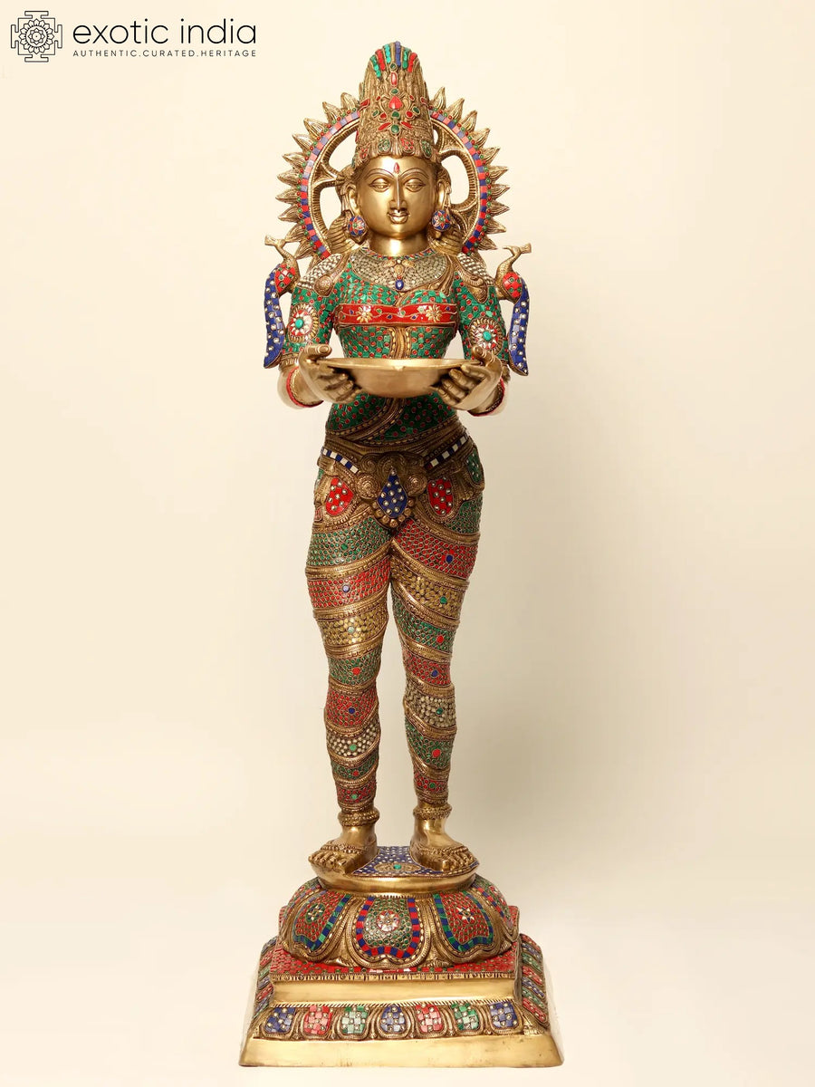 51" Large Lakshmi Brass Statue with Inlay Work - Home Decor