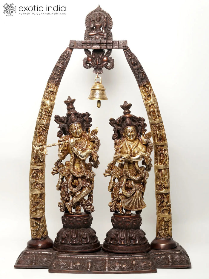 36" Radha-Krishna Brass Statue With Krishnaleela Engraved Aureole