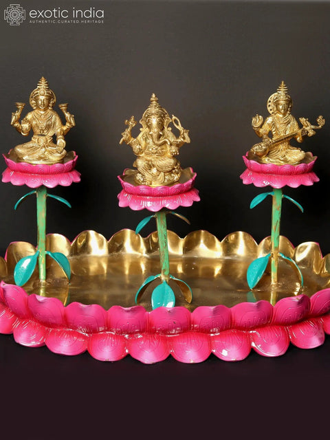 20" Lakshmi Ganesha Saraswati on Lotus Base | Sacred Home Statue