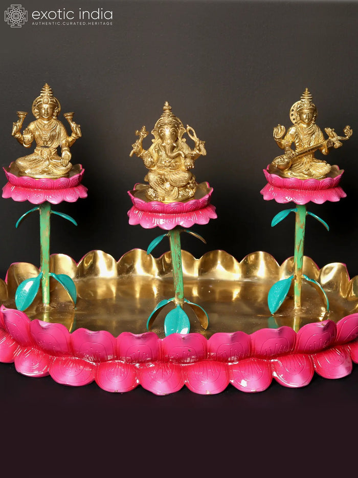 20" Lakshmi Ganesha Saraswati Brass Statue on Lotus Base