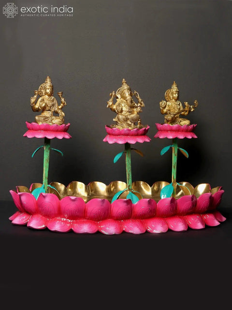 20" Lakshmi Ganesha Saraswati on Lotus Base | Sacred Home Statue