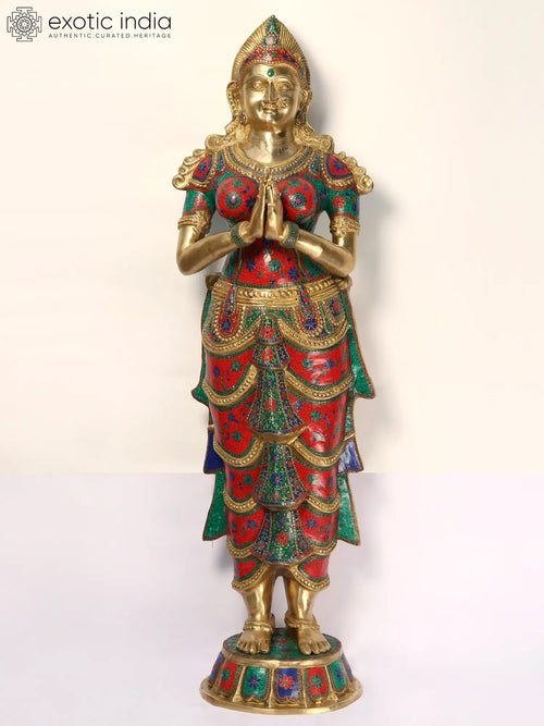 72" Large Brass Namaste Lady Anjali Mudra Statue