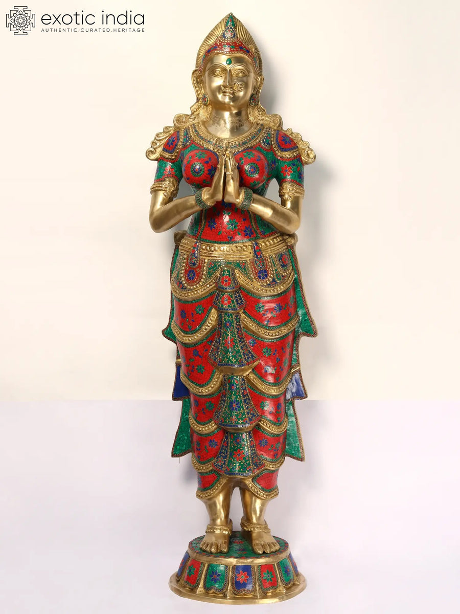 72" Large Brass Namaste Lady Anjali Mudra Statue